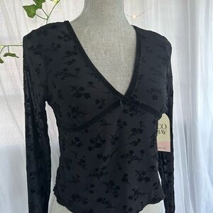 Black Floral V-Neck Long Sleeve Velvet-Detail Top